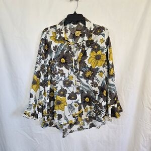 Love Kuza Women White Brown Yellow Floral Print Long Ruffle Sleeve Peasant Top M